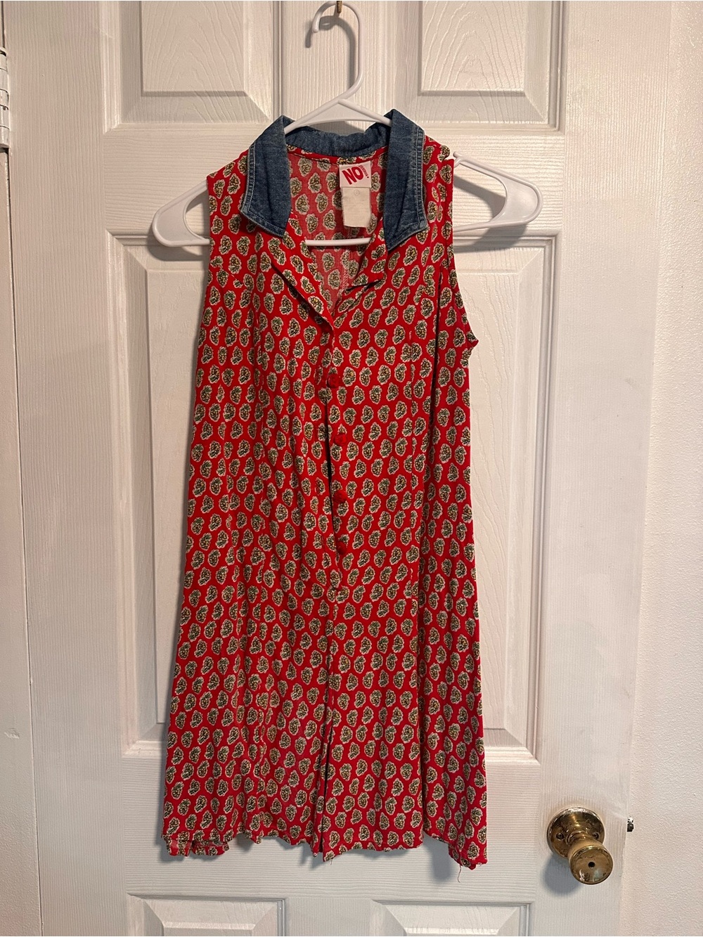 Red Paisley Sleeveless romper with Denim Collar